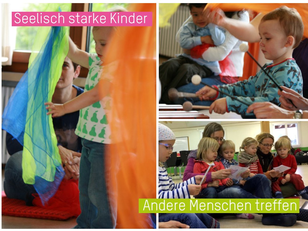 Erwachsene und Kinder, die miteinander im Eltern-Kind-Singen singen, musizieren und sich bewegen.