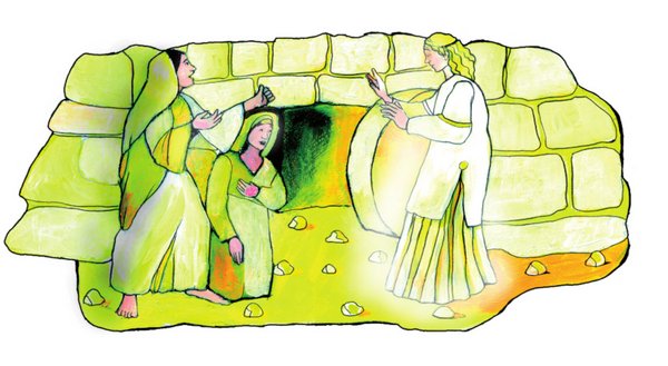 Zwei Frauen begegnen dem Engel am leeren Grab Jesu